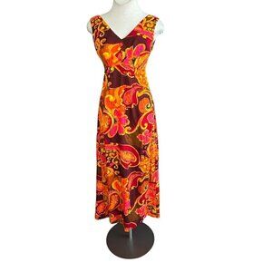Mildred's of Hawaii Orange Floral Barkcloth Maxi Empire Waist Dress Pleated Back